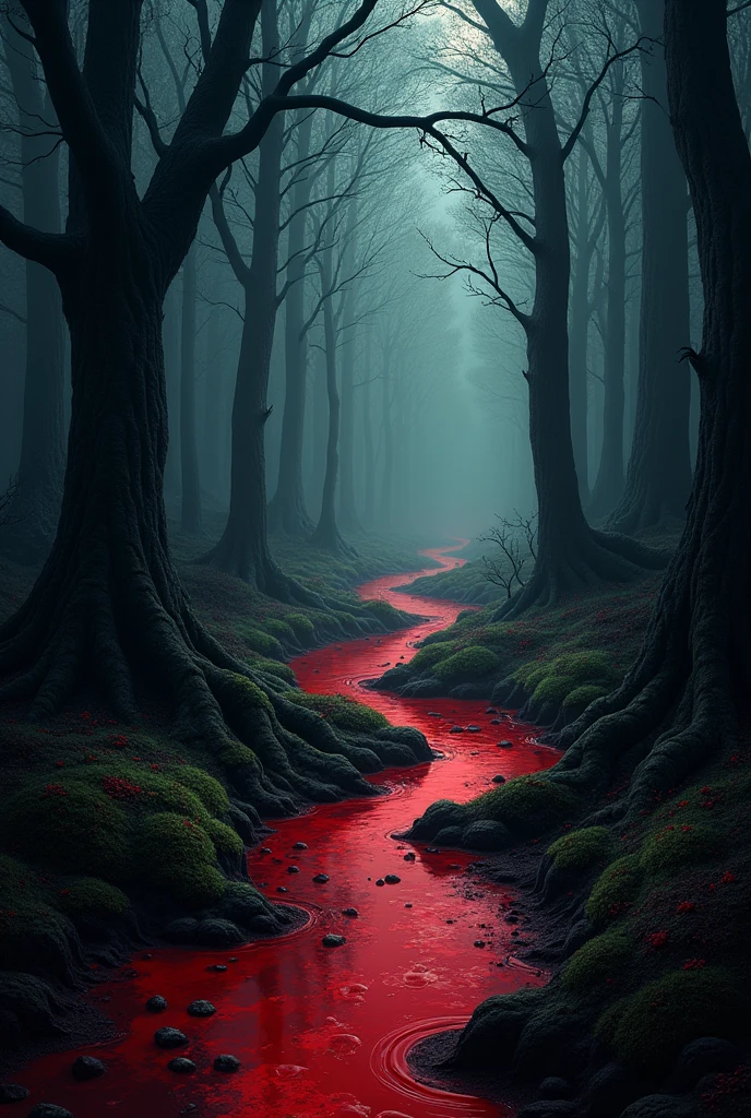 Create an image of a forest with rivers of blood