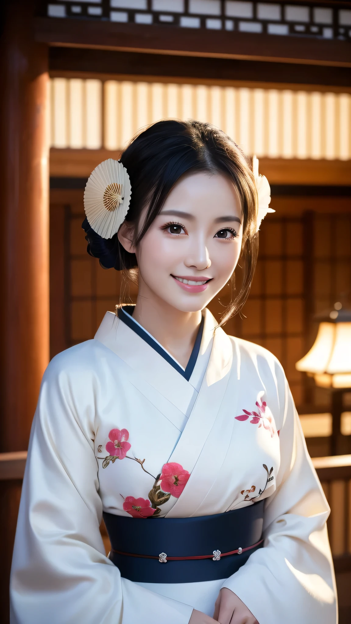 (Super beautiful woman in kimono)、((highest quality、8K masterpiece:1.3))、sharp focus:1.2、(super beautiful face:1.0)、(shiny skin:1.0)、realistic pictures、black hair、video lighting、High resolution eyes and face、video lighting、japanese actress、from the front、with a happy smile、whole body、wearing a kimono、in Kyoto、(luxury obi)、with a fan、Fireworks Display