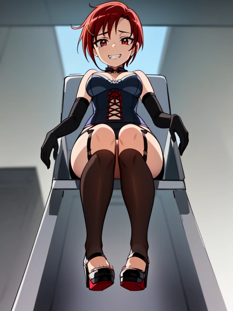 ((Highest quality)), ((masterpiece)), (detailed), prison, One person, akanechan, femdom, dominatrix, ((bare shoulders)), ((black bustier)), ((black stockings)), ((black g-string)), ((black high heels)), ((black garter belt)), ((black elbow gloves)), ((chair)), ((female sitting in a chair)), ((evil grin)), (((((from below:1.3))))), ((looking at viewer)), ((((looking down:1.4)))), stare at viewer with stern eyes,