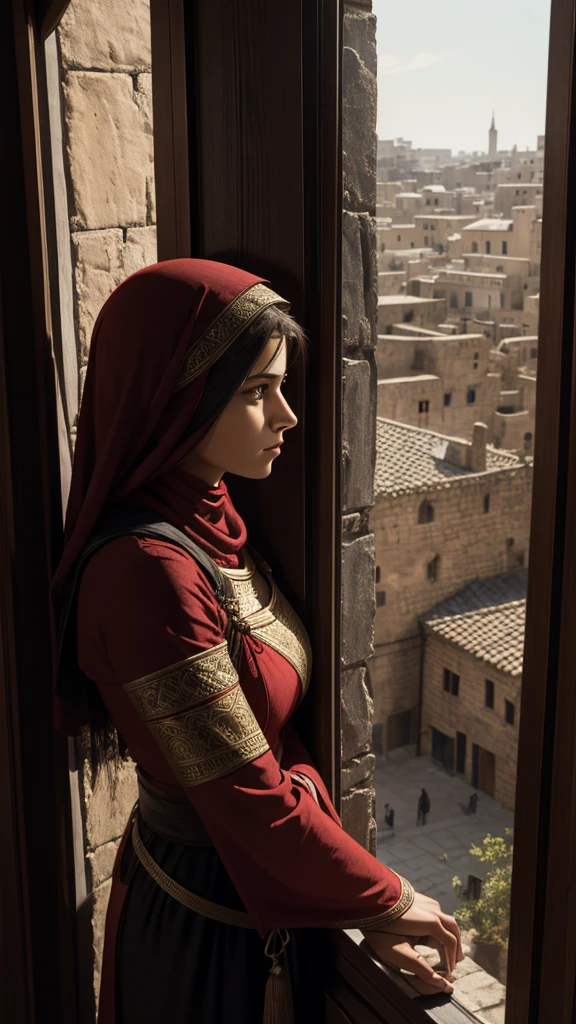 Rahab Observing from the Window: A scene of Rahab, a woman with an expression of apprehension and hope, looking out from the window of her house, set within the city walls.