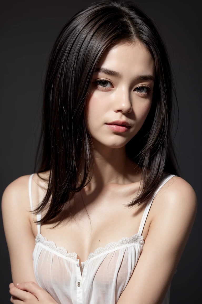 1fille, Longhaire, medium chest, chemise noire, slight smile, detailed skin, Pore, fond simple