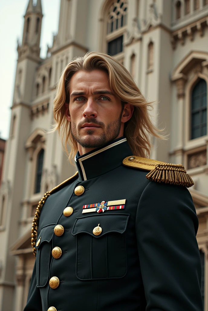 A 28-year-old handsome man, with green eyes like jade pearls and long blond hair, is very tall. Wearing military uniform, behind him an Italian cathedral
