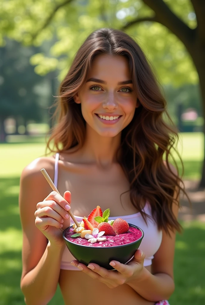 Woman aged 25 to 35, in park, salmonete, chestnut hair, brown eye eating acai in the park, ultra HD, high qualiy, best qualityer, high resolution, 8k, 16K