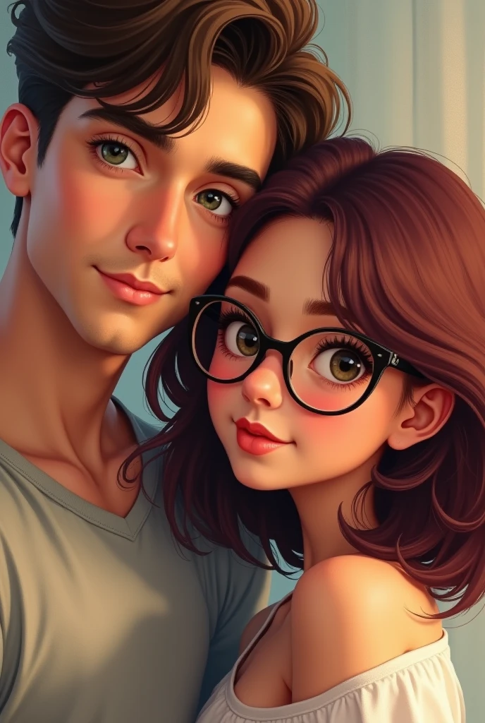 I want you to draw a couple for me, one is a man with brown hair, light green eyes, no beard, the other is a girl with burgundy hair, slightly wheatish skin, brown eyes, and glasses, with her chubby hair slightly below her shoulders..