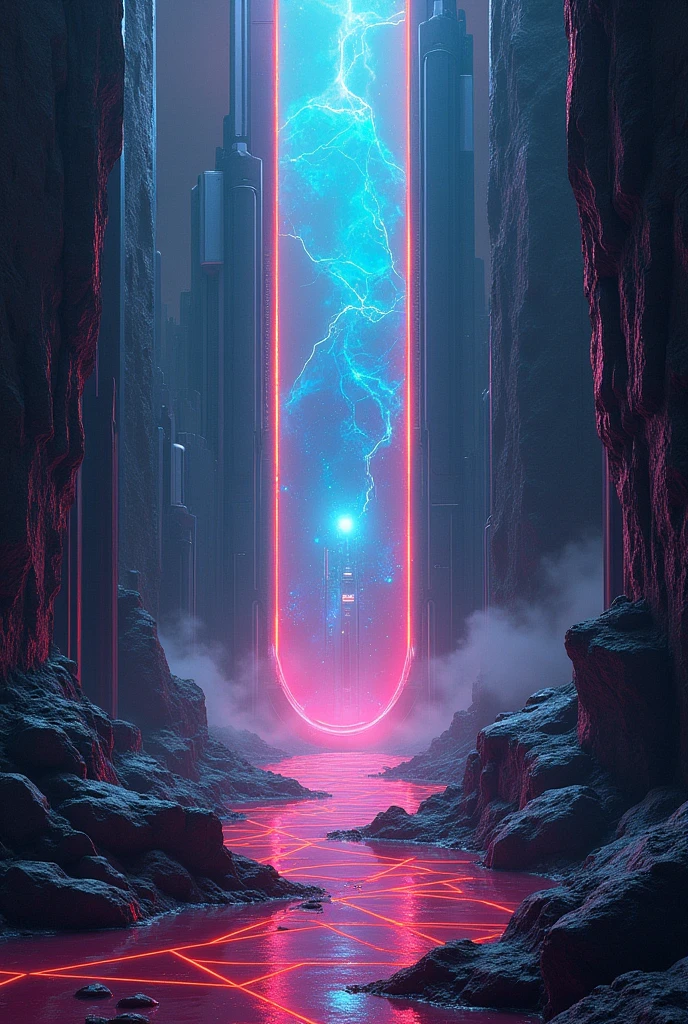 A representation in the form of geometric figures of a dimensional portal in the center that connects a futuristic world on the left side with the Underworld on the right side.