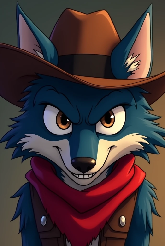 animated, loup cowboy, foulard rouge, brown hat, dark blue hair, ear does not exceed the hat, white eye and black pupil, evil smile