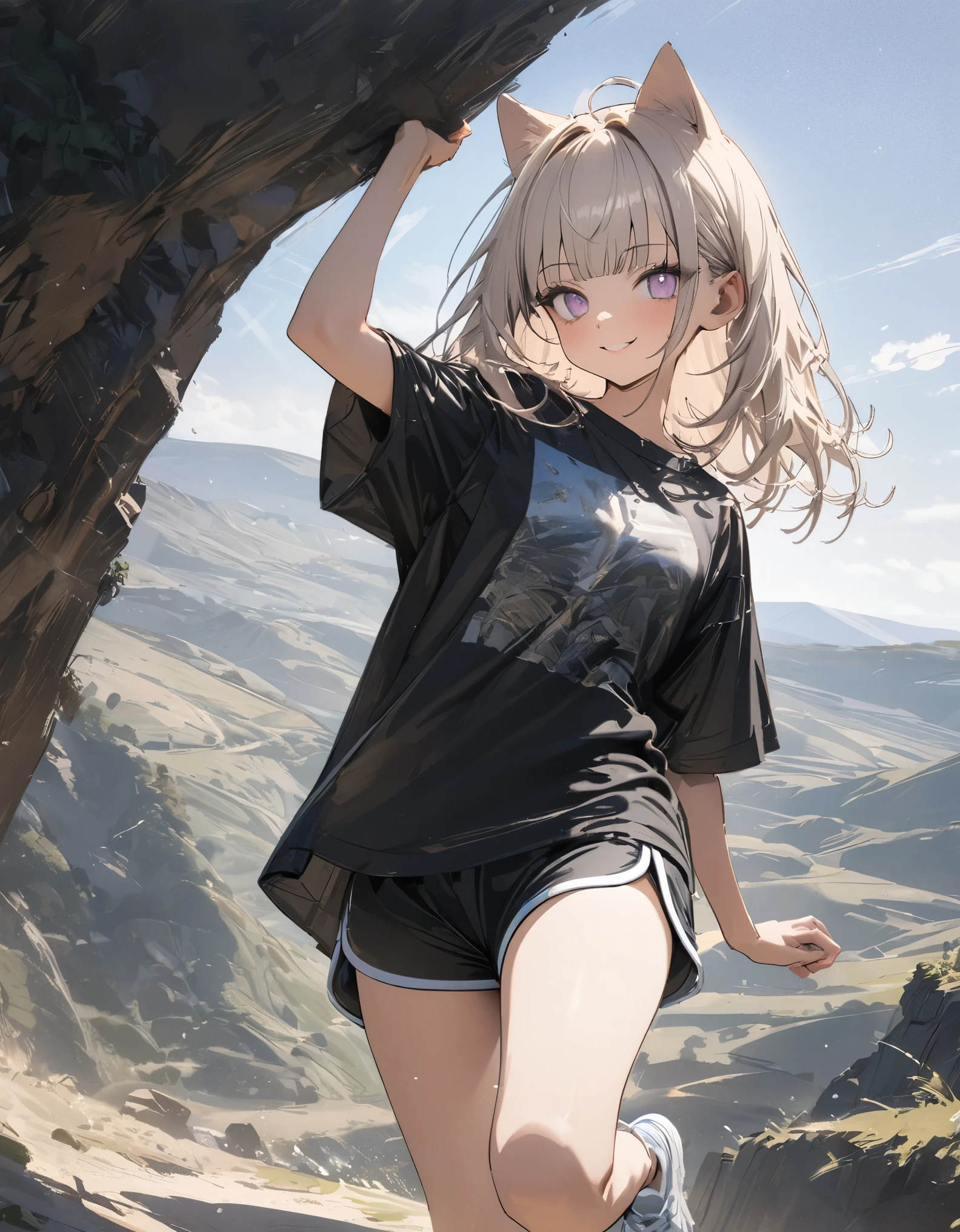 ((Masterpiece)), ((best quality)), (sketch), profile, ((wide shot)), (super detail:1.2), (High Definition:1.3), ((extremely detailed)), (8K), (Professional Photography:1.2), (very aesthetic:1.2), (absurdres:1.2), perfect anatomy, intricate details, (sharp focus), (perfect light), (drop shadow), ((1girl)), (()), looking at viewer, cute age girl, (platinum-gold hair), (loose blunt bangs), (medium hair), slightly unruly hair, (put on cat ears), Healthy skin, small breast, (Healthy slim body), (:3), (pure smile), (cute cheeks), glossy lips, pouty lips, bags under the eyes, (lower eyelashes), BREAK, (oversized loose T-shirts), dolphin shorts, (pale purple eyes), (glitter eyes), loose arm up, View of the Gentle hills near the sea, ((kicking on the Gentle hills)), (detailed background:1.2), newest, clear line,