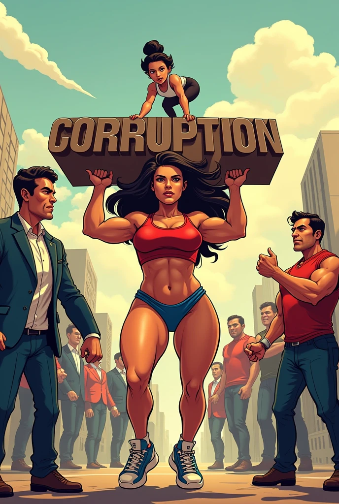  girl carrying the word corruption on her back while politicians are standing on the word and make it cartoony
Make the girl buff like hidilyn Diaz and add Carlos yulo and Harold hatch to help her carry the corruption word that with the politicians on top standing make it look like the word is heavy give me some space on the top right for me to write on




