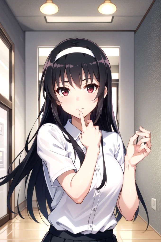 tall body, tall, long legs, mature female, mature, adult, eft_saekano_utaha, 1girl, kasumigaoka utaha, solo, long hair, hairband, black hair, red eyes, upper body, white hairband, shirt, bangs, indoors, looking at viewer, closed mouth, breasts, skirt