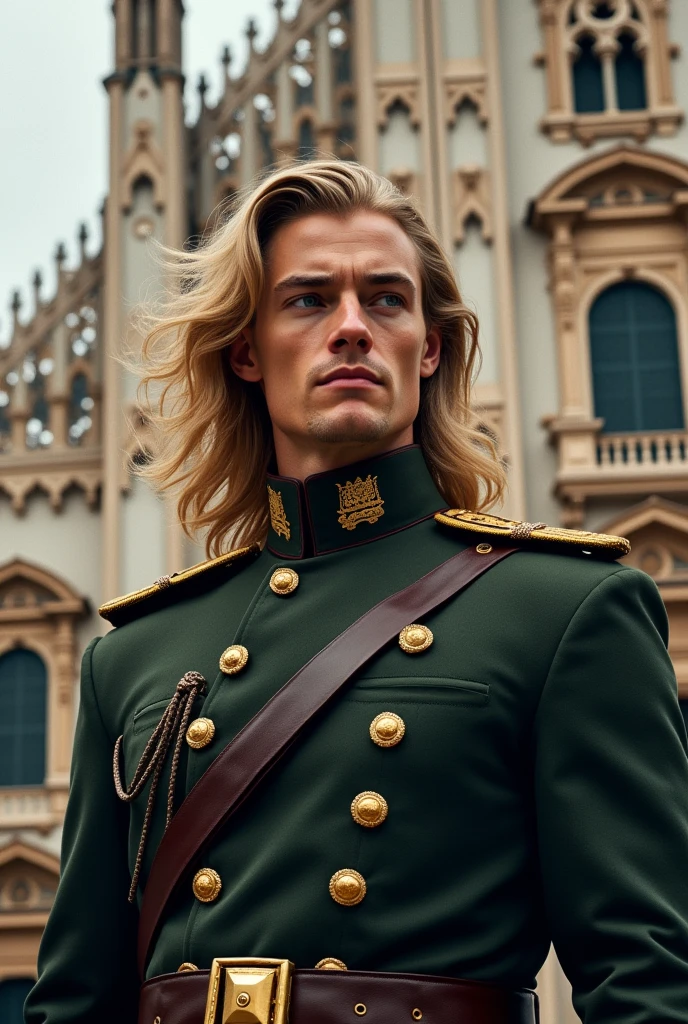 A 28-year-old handsome man, with green eyes like jade pearls and long blond hair, is very tall. Wearing military uniform, behind him an Italian cathedral