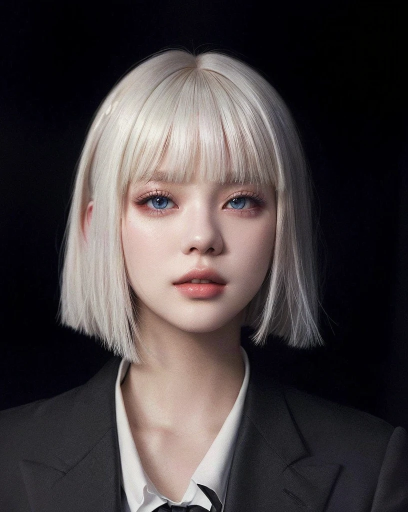 blond woman with blue eyes and a black tie and a suit, white hime cut hairstyle, white bangs, girl with short white hair, hair whitebangs hair, with short hair, girl with white hair, portrait of jossi of blackpink, with short hair with bangs, pale hair, the hime cut, ulzzang, with full bangs, white fringy hair, Asían Woman, Angel face, poker face, Jennie Blackpink, Woman pretty, dark makeup, gothic