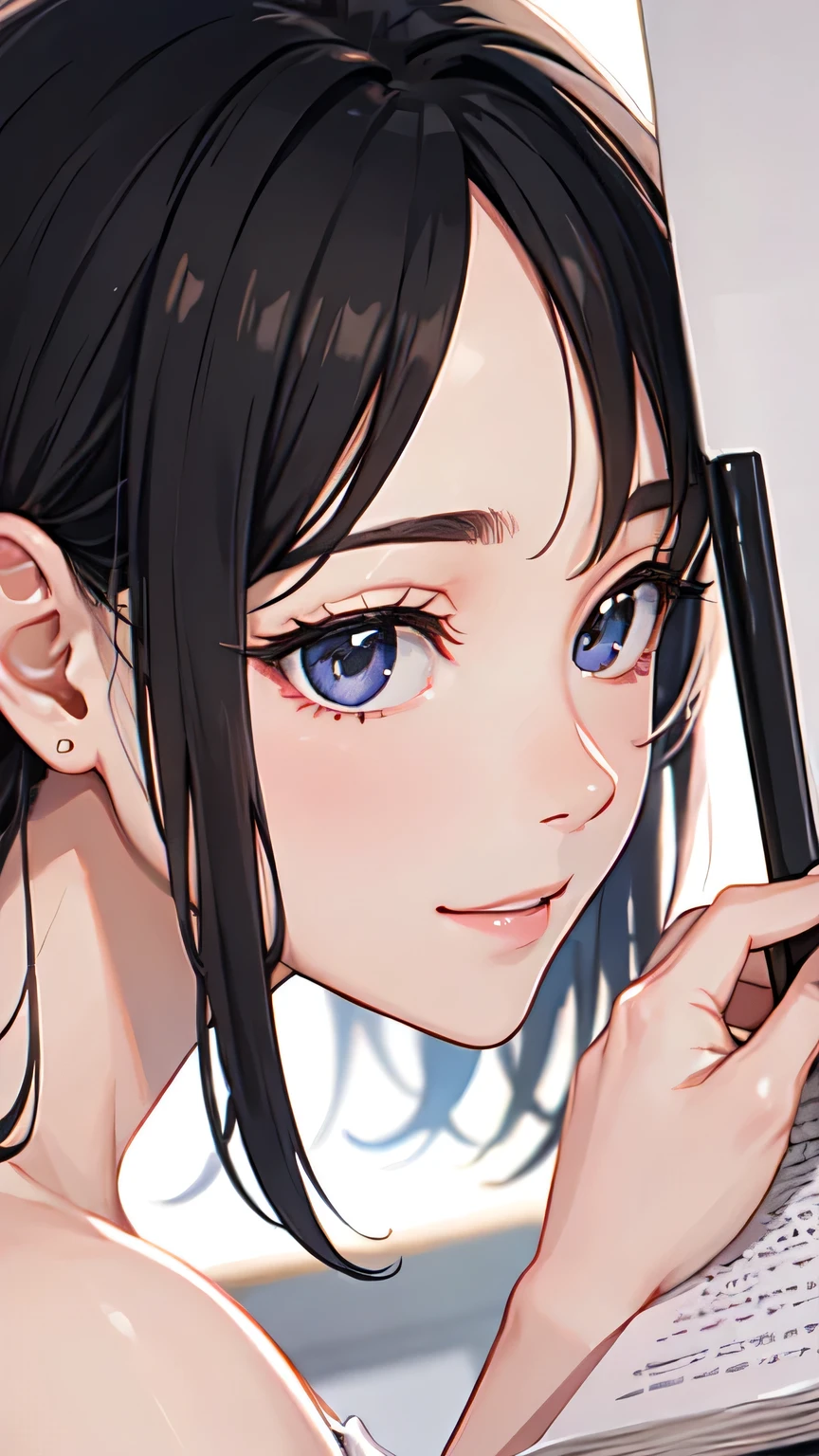 ((Highest quality)), ((masterpiece)), (detailed), One person, Almond Eye,Every time I turn the pages of my notebook,Memories come back to life,The smile of that day、That moment, Shining in my heart.Close up of face