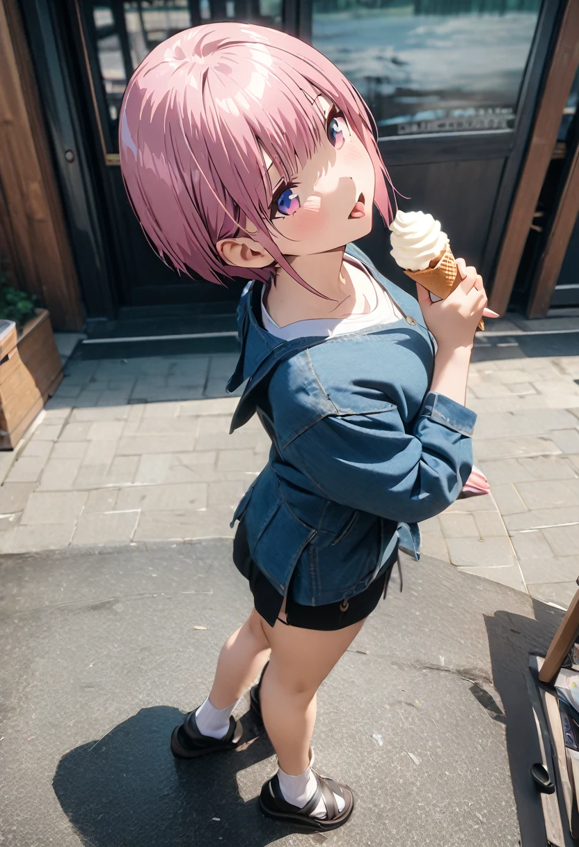 (Highest quality, 4K, 8k, High resolution, masterpiece:1.2), Very detailed, Picturesque, Animated photos, Photo Animation:1.37)、Japanese、(Pink Hair)、(Pixie Cut)、Licking soft serve ice cream、Full body photography、Nakano Ichika