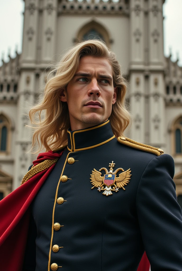 A 28-year-old handsome man, with green eyes like jade pearls and long blond hair, is very tall. Wearing military uniform, behind him an Italian cathedral