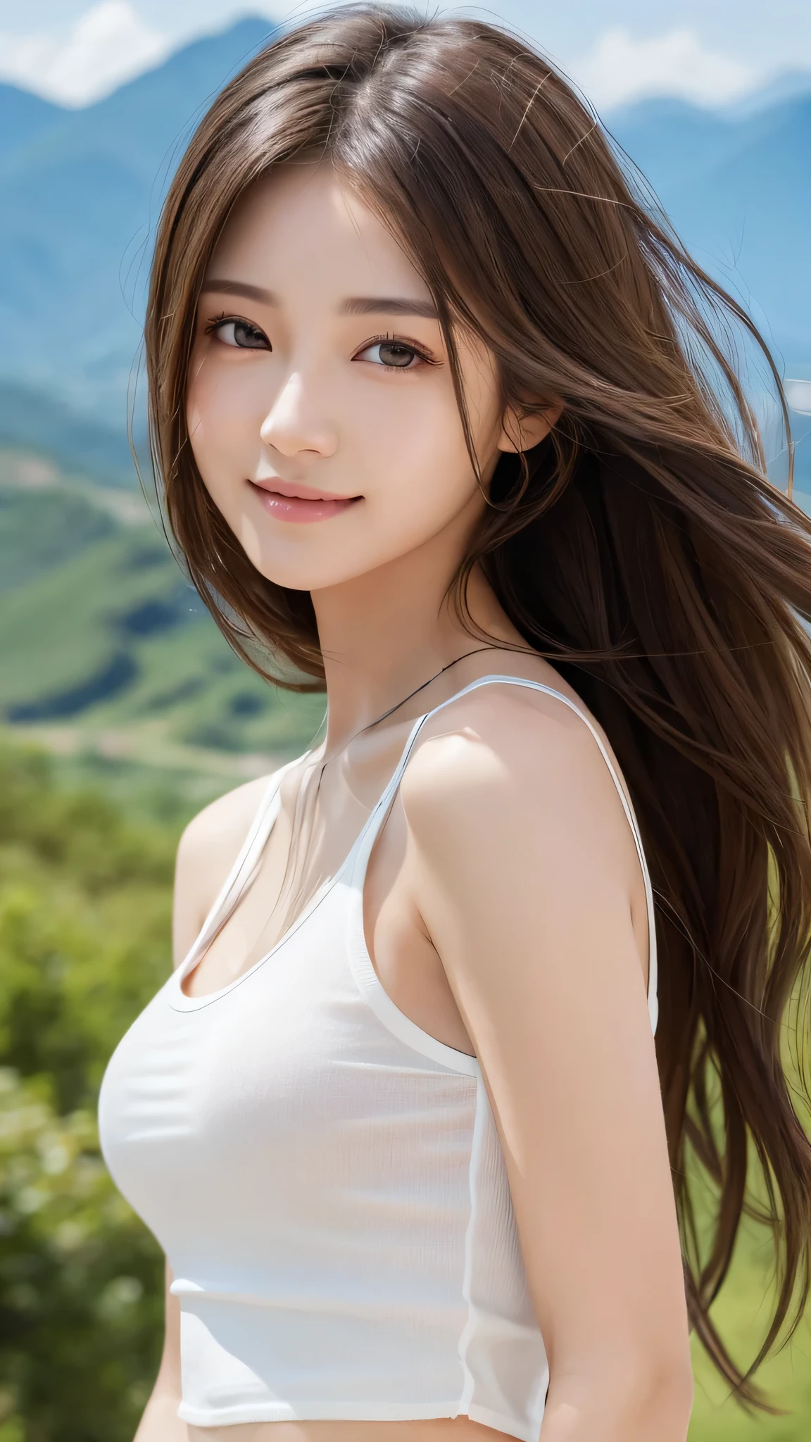 highest quality、genuine、Super detailed、finely、High resolution、8k wallpaper、one beautiful woman、、、light brown disheveled hair、wearing a white tank top、sharp focus、beautiful and detailed eyes、thin hair、Detailed genuine skin texture、smile、model body shape、In a mountain