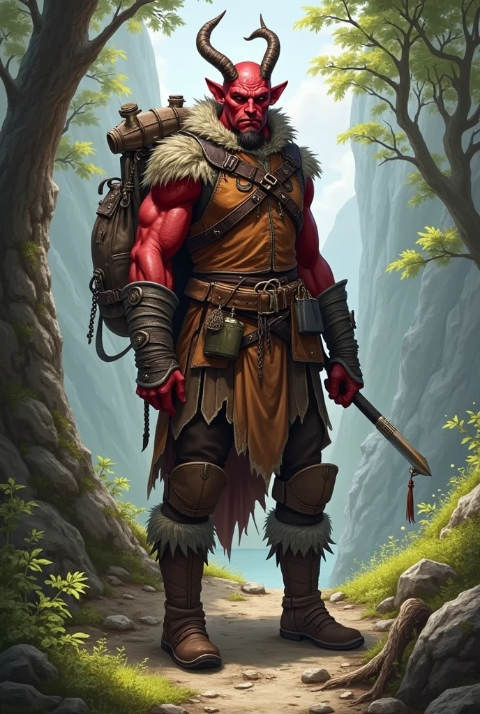 A male Tiefling, Average height, with simple leather armor, with essential survival equipment, red skin color, Average bodybuilding.