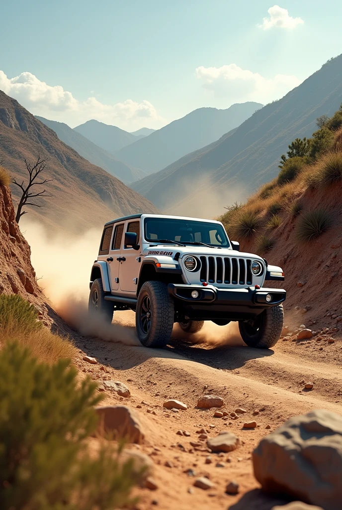 Jeep car driving on a dirt road, com declives, rocks and hills, in the middle of vegetation 