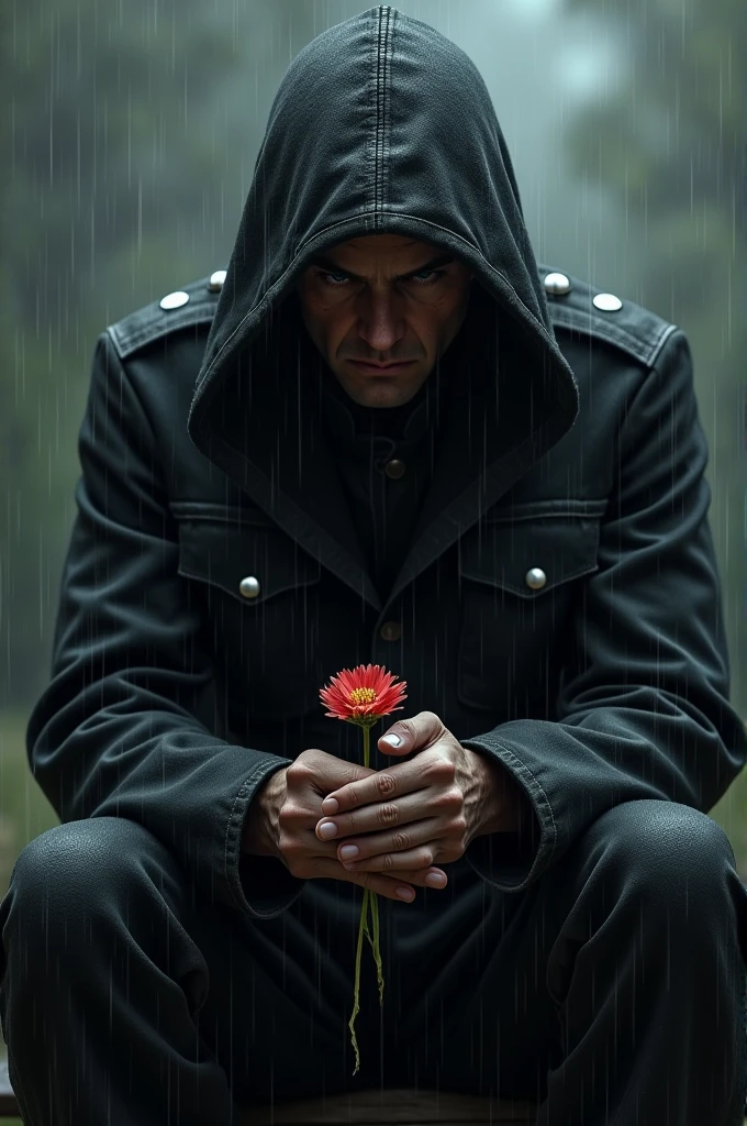 A soldier all in black sitting in rainy weather with a flower in his hand