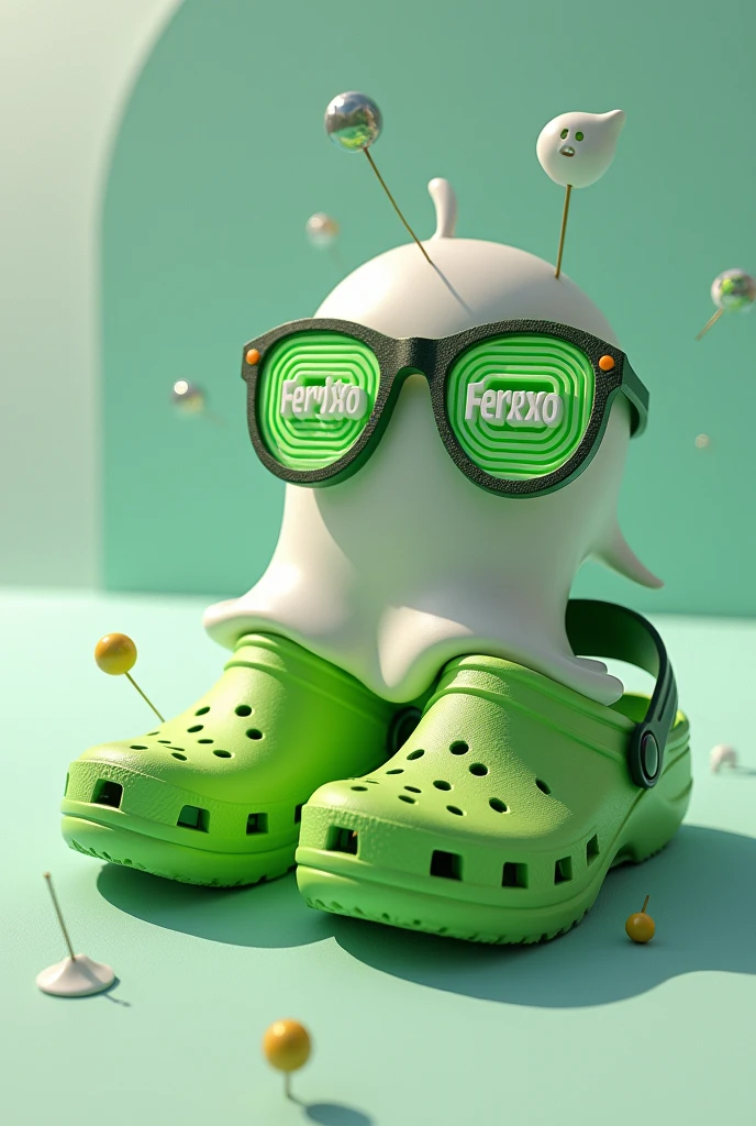 Feid Crocs better known as Ferxxo, green and with Feid's glasses, in the middle of the glasses the word 'ferxxo', with green lines between dark green and light green, with pins from a cap, some white glasses, and a non-realistic ghost, that all this is small and does not interfere with the silhouette