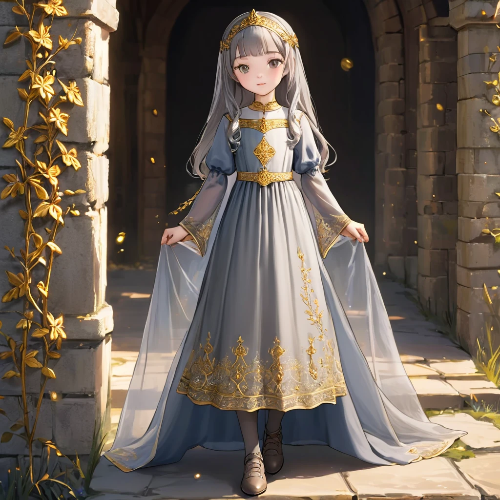 8 year old medieval girl, Medieval golden embroidery、Translucent long one-piece dress, gray, translucent tights, fabric, realistic, highest quality