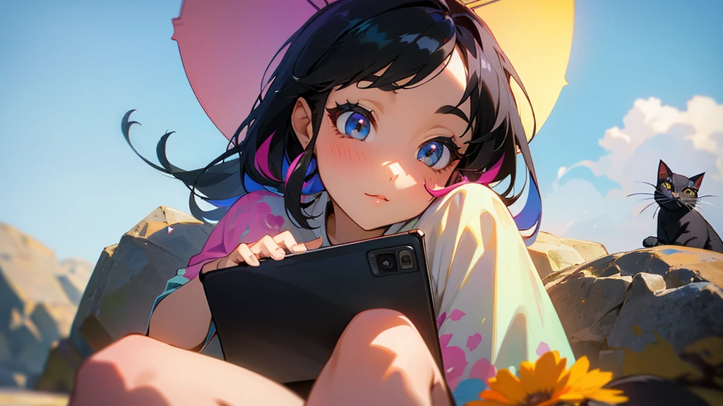 very beautiful girl sitting on a very big rock, 4k, beautiful, carrying a laptop, looking at the sky, daytime, close up, colorful, wearing casual clothes, black hair, accompanied by a cute cat, outdoors​