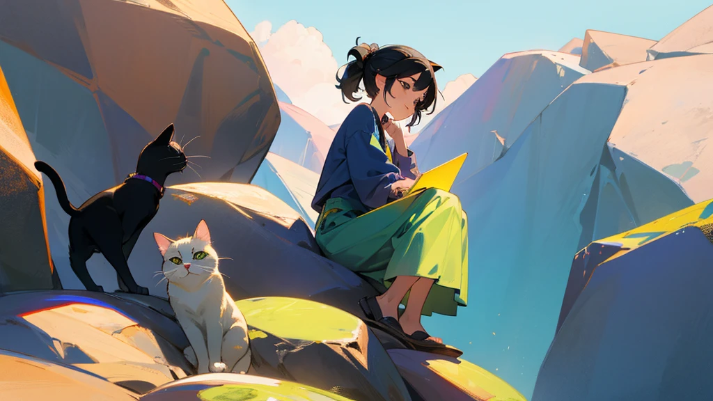 very beautiful girl sitting on a very big rock, 4k, beautiful, carrying a laptop, looking at the sky, daytime, close up, colorful, wearing casual clothes, black hair, accompanied by a cute cat, outdoors