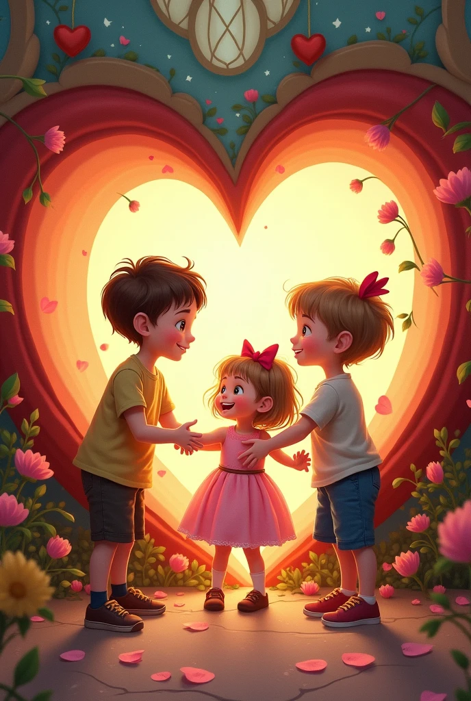 2 boys and 1 girl with 2 bows playing inside a heart