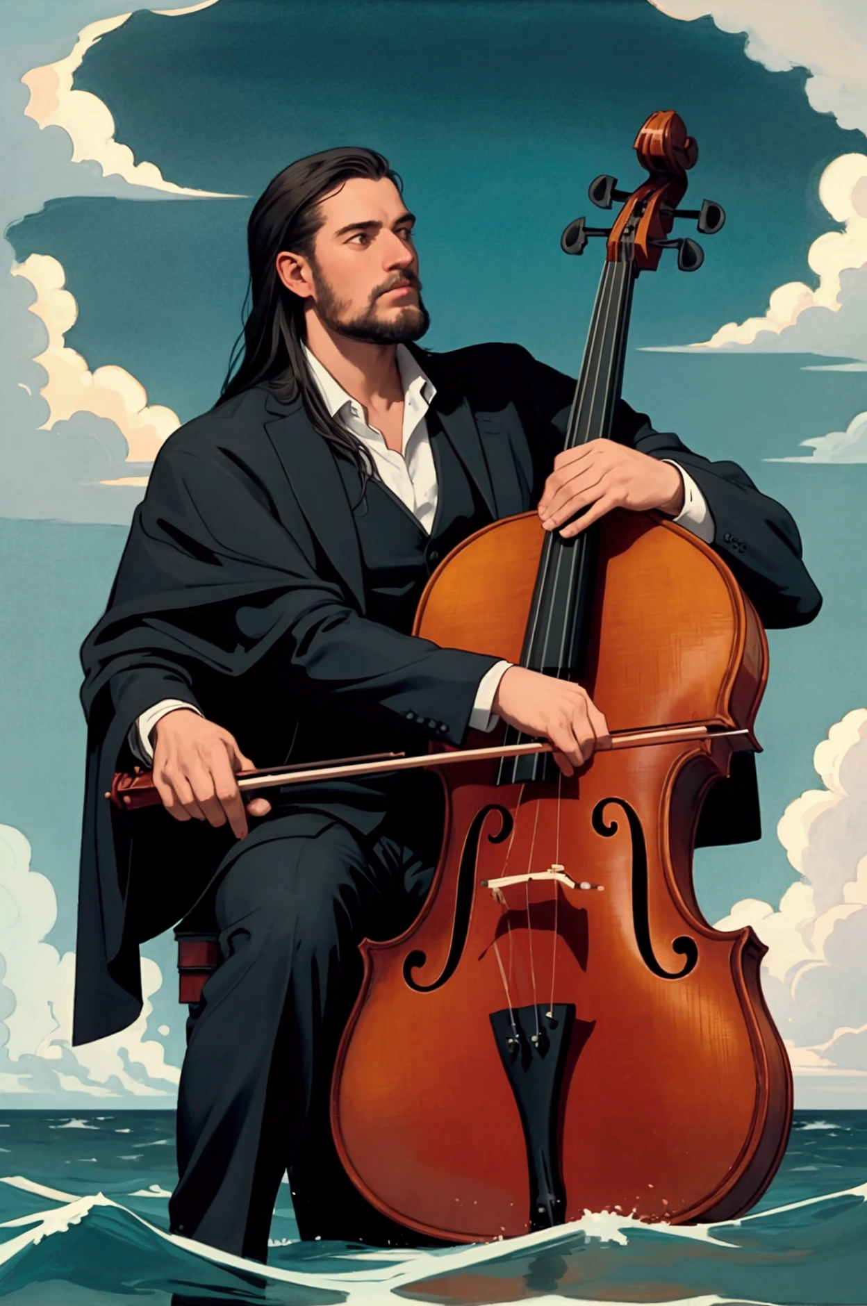 painting of a man sitting on a cello in the middle of the ocean, on the ocean, music album art, double bass, new album cover, amazing composition, cello, inspired by Arnold Böcklin, inspired by Winslow Homer, music album cover, bassist, the god of music, album art, jim warren and rob gonsalves