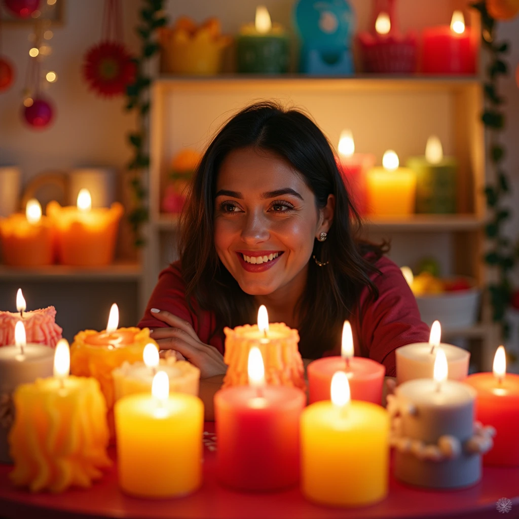 Various handmade candles made in different shapes, of chicaras, notebooks, pendants, beautiful, vibrant colors and a Spanish woman looking at them with a smile on her face. Bright and illuminated place with many candles in these shapes standing out in the environment.