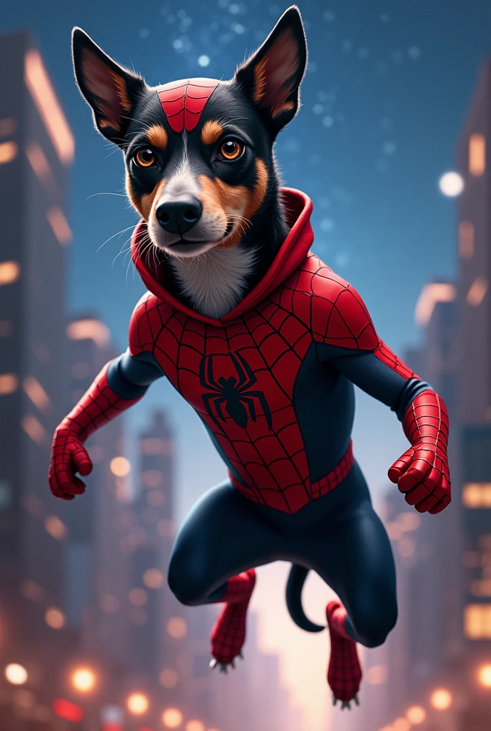 I want you to create an image of a dog wearing a Spiderman Miles Morales costume