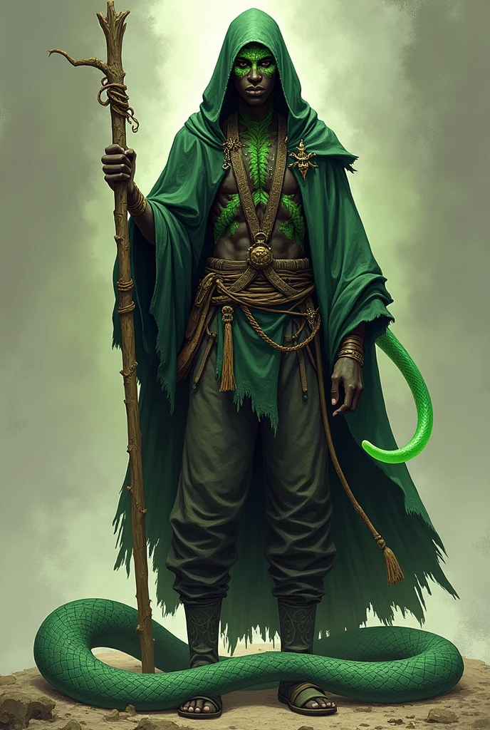 Create a rpg character He is a pure blood yuan ti He is a druid, and dresses accordingly He is a black man and on his skin he has some green scales His eyes are similar to those of a snake He commands a spirit in the form of a serpent He is a wizard He dresses in a cloak and pants He has a wooden staff He is young and thin, put on shoes