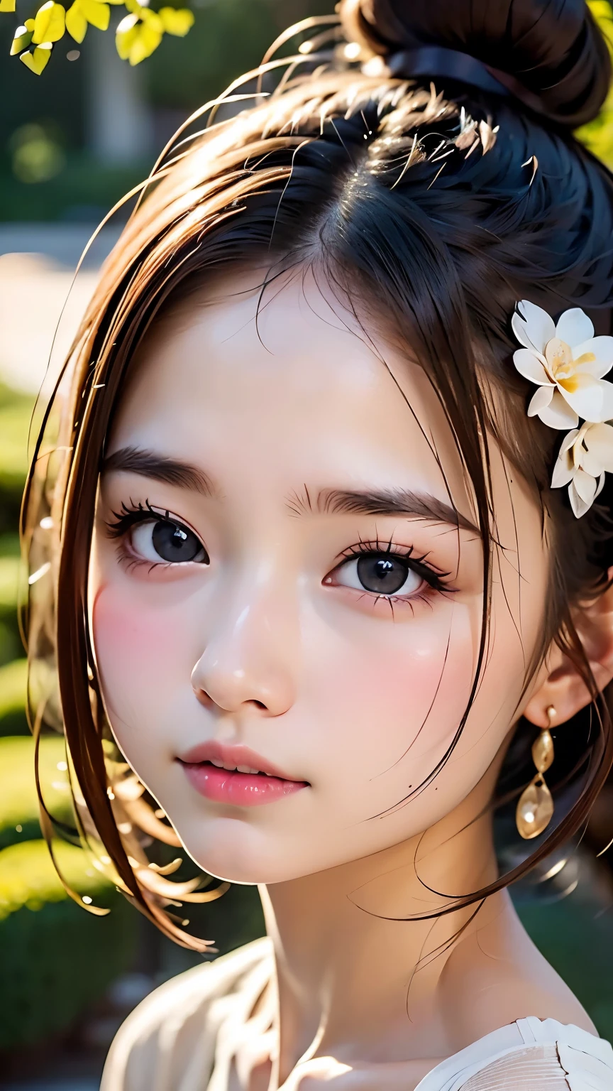 cute, (Brown Hair), ((Short Bob)), Perfect Face, An innocent smile, Upper Body,(blue eyes), (Yan), (small), (thin), ((small胸)), ((Only 16)), Skin dentition, Very detailed, Attractive oval face, Red lips, pink, Glowing Skin, Thin Hair, Face Focus, Chest close-up, Gorgeous hair ornament, Gold earrings, ((1 person)), Embarrassed expression,