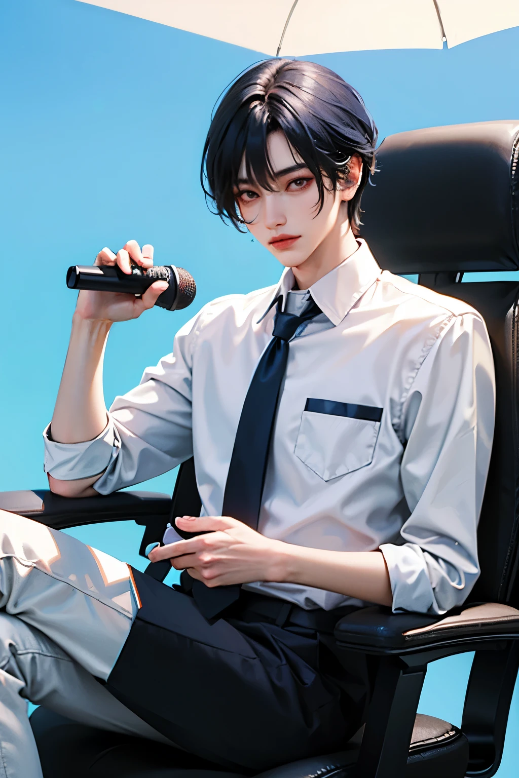 hair blue, Caucasian skin, 18 years old, super detaill, work of art, 8k, 1 boy, korean, incredible, idol appearance, high qualiy, refreshing, high qualiy, white  shirt, black pants, black long tie, Handsome androgynous man, boy, refreshing, summer, Sky blue background, clearing, natural lighting, Fujifilm, Make your eyes look more natural, Colored cosmetics, prime sitting in a gamer chair facing the microphone