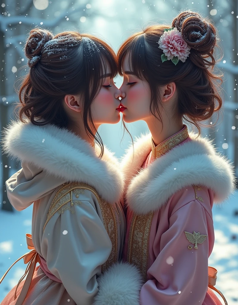 (Best quality, 8K, 32K, masterpiece, the most important work), (High intaglio printing model),Photorealistic, high resolution, perfect anatomy, perfect hands, (two Japan Women is deeply in love with each other), kiss, (Lolita costume),Gorgeous costumes, Face the audience, (The upper part of the body, upper legs), beautiful eyes, Brown hair, ringed eyes, (outside, Heavy snowfall, Thick fur cloak, Cover with snow), snowfield, Blue eyes, Illustrations of the highest quality, A meticulous face