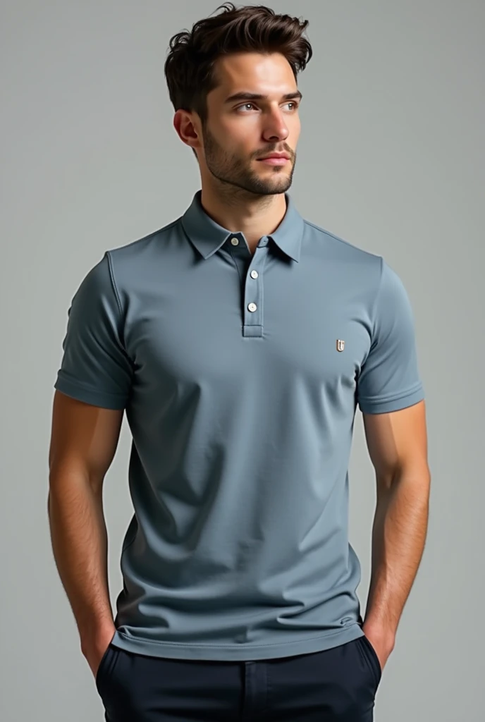 A lead-colored collared t-shirt for a modern technology company