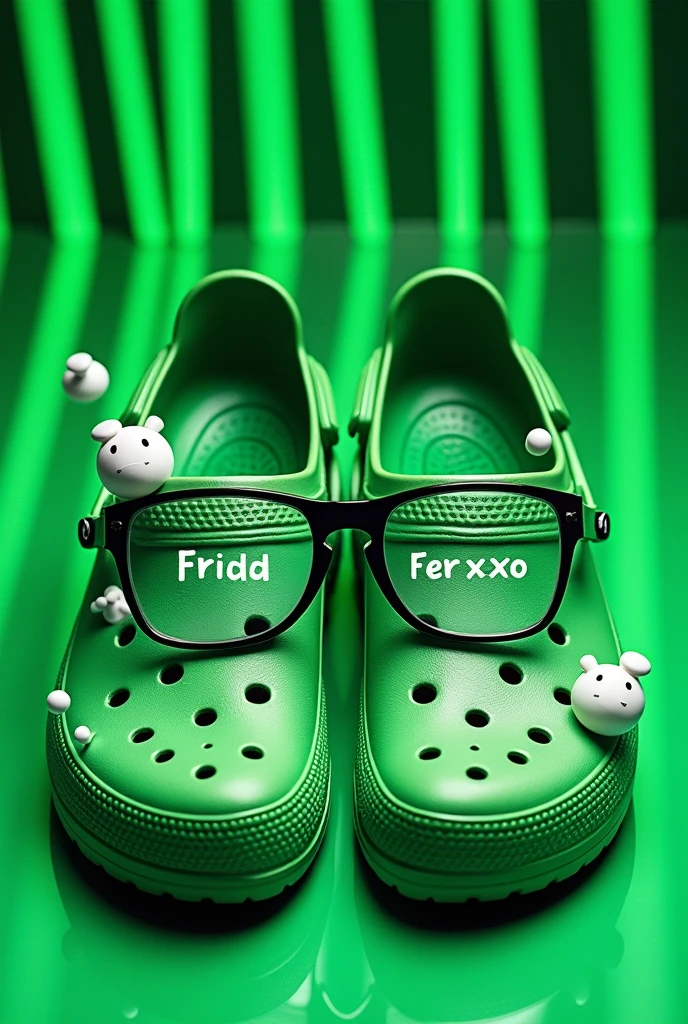 Feid Crocs better known as Ferxxo, green and with Feid's glasses, in the middle of the glasses the word 'ferxxo', with green lines between dark green and light green, with pins from a cap, some white glasses, and a non-realistic ghost, Let all this be small and come within the silhouette, without interfering with your figure