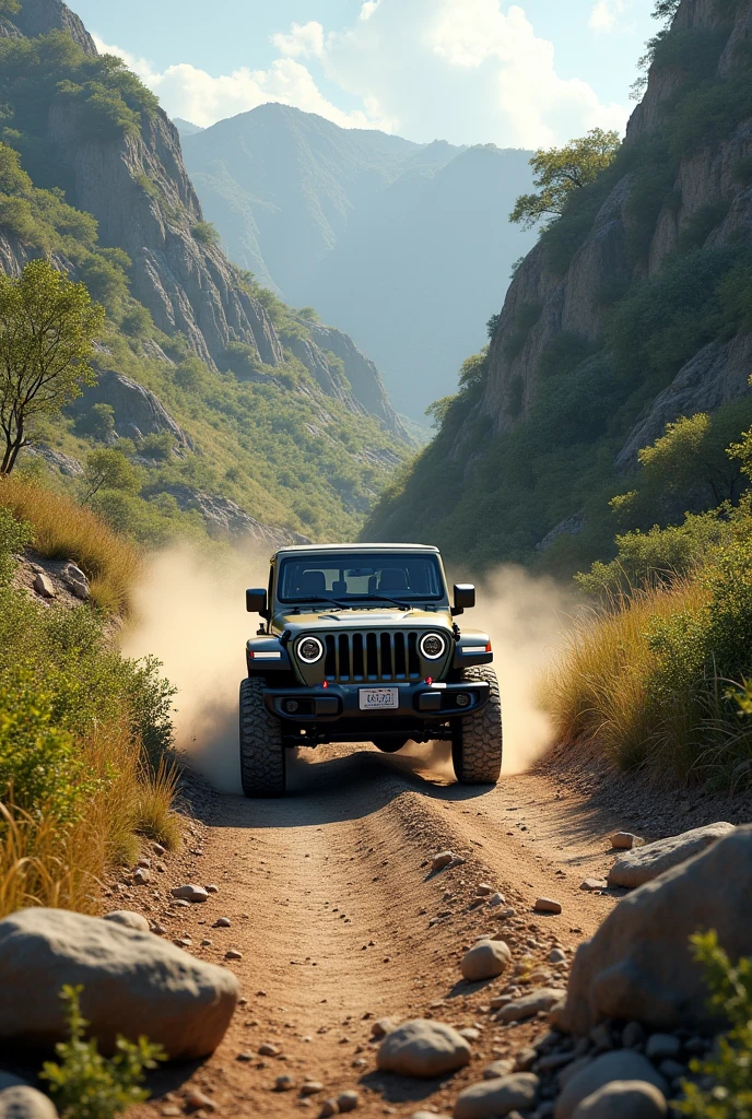 Jeep car driving on a dirt road, com declives, rocks and hills, in the middle of vegetation with grass and bushes