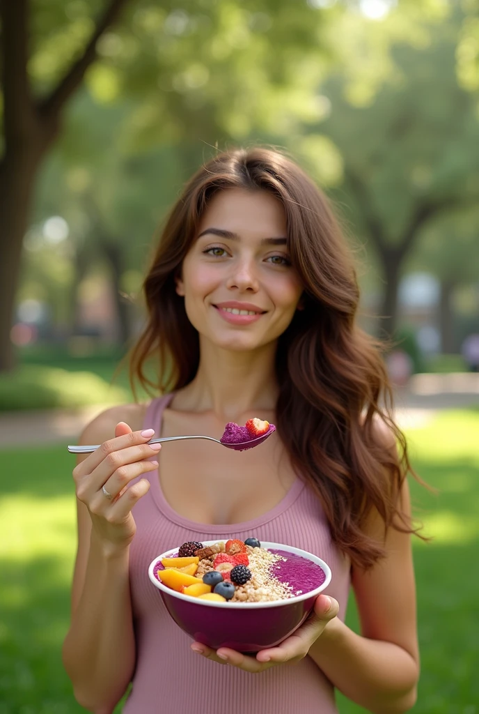 Woman aged 25 to 35, in park, salmonete, chestnut hair, brown eye eating acai in the park, ultra HD, high qualiy, best qualityer, high resolution, 8k, 16K