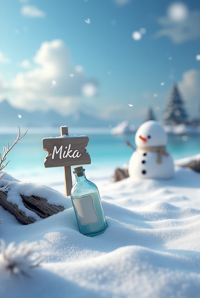 Message in a bottle on the beach with a sign with the name Mika, winter wonderland theme and snowman