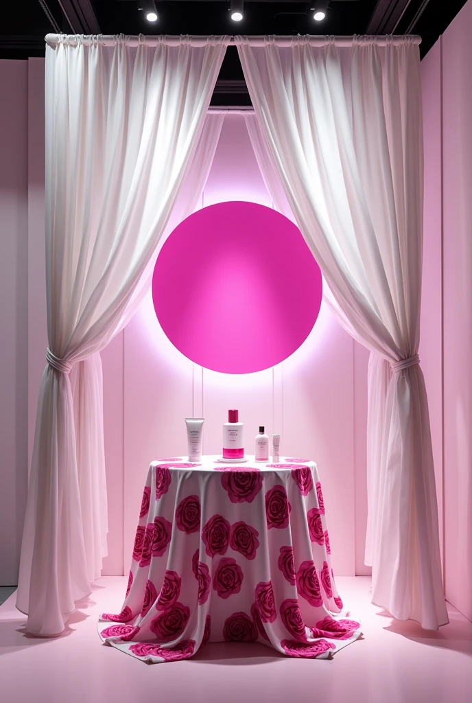 make a stand on a skin cream project that has long tubes in its corners holding white curtains, In the middle, place a table that matches the size of the stand with a tablecloth decorated with roses., At the top and in the middle add a fuchsia circle
