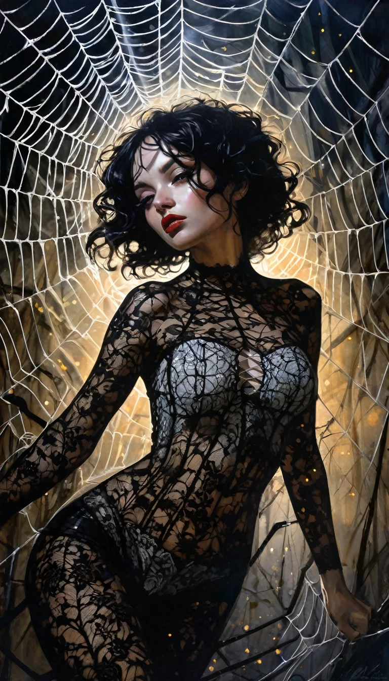 very sexy girl trapped in a spider web made with lace fabrics, full of spider web, epticism, magic, fantasy, stars, night, dinamic pose, dangerous, eroticism, sexy, black and white image, between shadows, oil painting, chiaroscuro, sensual, dramatic lighting, moody atmosphere, photorealistic, intricate details, masterpiece, ultra-detailed, high quality, 8k, best quality, realistic, cinematic, dark and brooding, expressionistic, powerful composition, emotional impact, art inspired by Bill Sienkiewicz and Dave McKean
