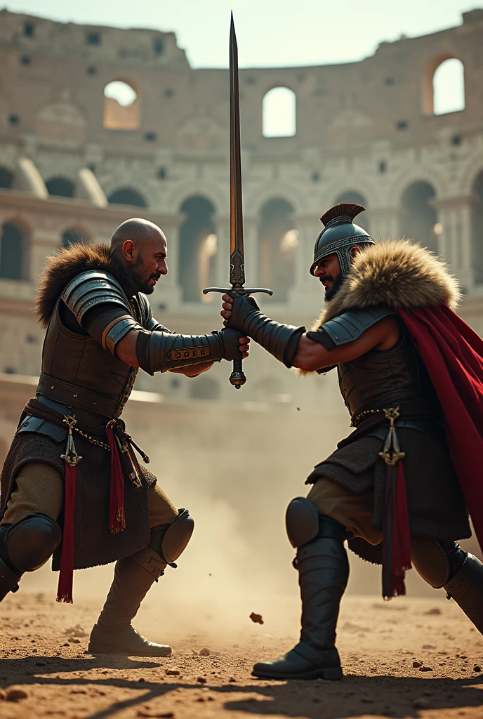 Luiz Inacio Lula and Jair Bolsonaro in a deadly sword fight at the Colosseum in Italy while dressed as Viking warriors.