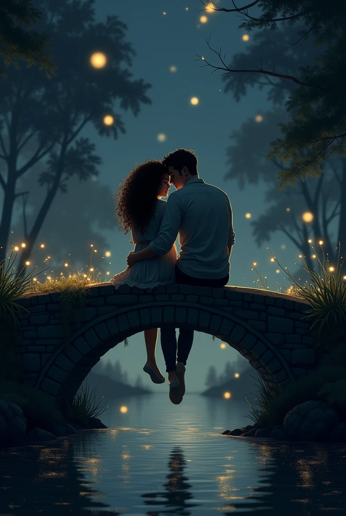 A curly haired woman leaning on a tall man's shoulder as they sit at night on a small bridge over a river watching fireflies