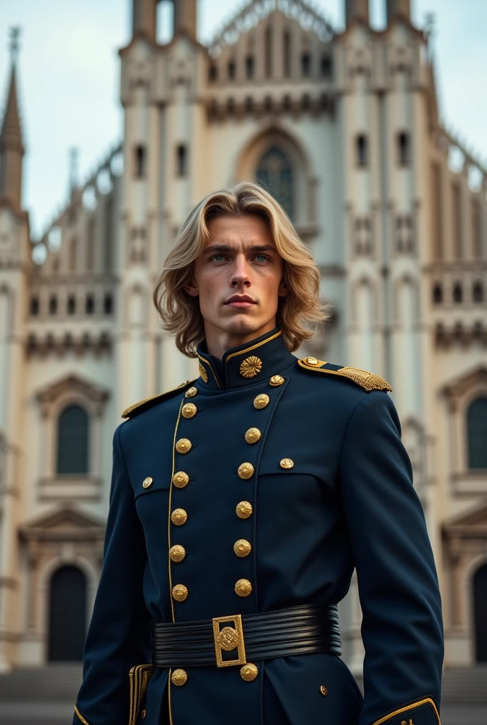 A 26-year-old handsome man, with green eyes like jade pearls and long blond hair, is very tall. Wearing dark blue military uniform, behind him an Italian cathedral