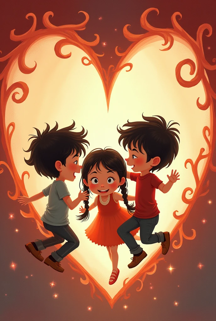 2 dark-haired boys and 1 girl with 2 braids playing inside a heart