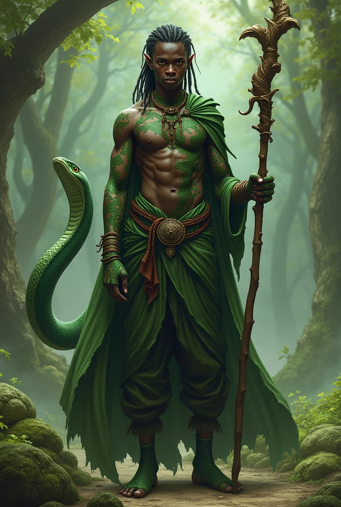 Create a rpg character He is a pure blood yuan ti He is a druid, and dresses accordingly He is a black man and on his skin he has some green scales His eyes are similar to those of a snake He commands a spirit in the form of a serpent He is a wizard He dresses in a cloak and pants He has a wooden staff He is young and thin, put on shoes Your skin is lighter, its scales appear on the arms and chest Make the snake more visible