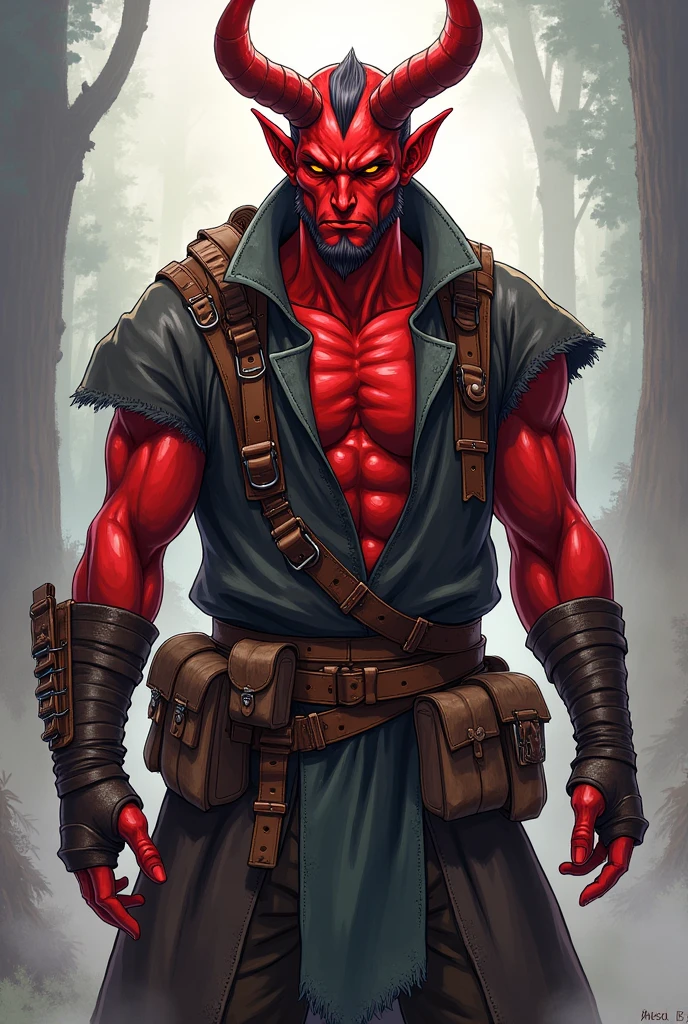 A male Tiefling, Average height, with simple leather armor, with essential survival equipment, red skin color, Average bodybuilding, May it be beautiful.
 With the anime version