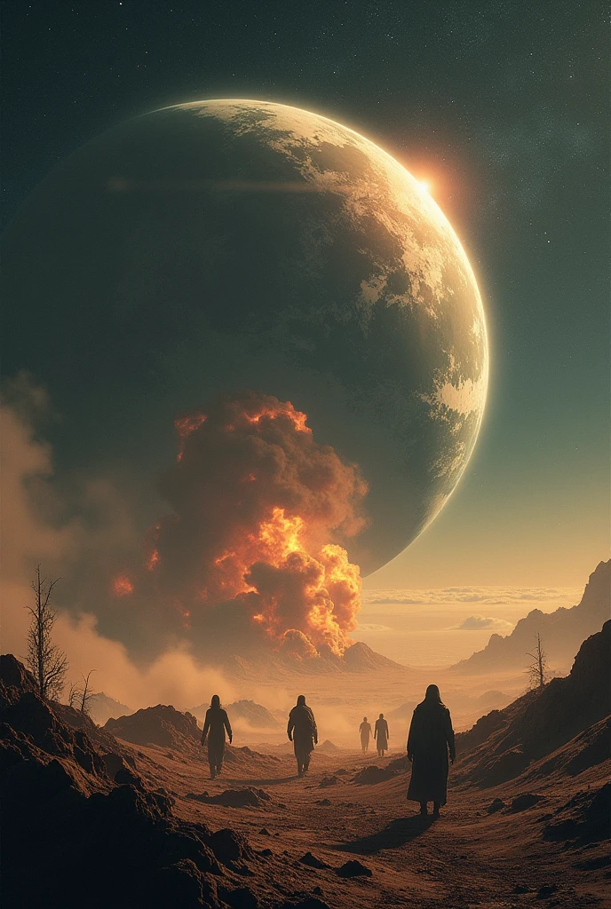 create a sky where you can see many stars, in the distance you can see planet earth, but the planet is brown as if it were taken over by land, if you see a satellite, this satellite explodes, and you can see who is on planet earth covered in soil