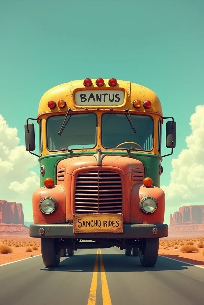 A bus with a sign saying Sancho rides in the middle of an empty road