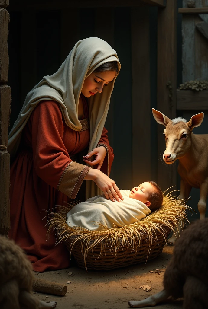 Finally, an innkeeper, seeing the state of Maria, He offered them a humble stable where they could take refuge.. Over there, among the animals, In the darkness of the night, Jesus was born. Mary wrapped him in swaddling clothes and laid him in a manger. Although the place was simple, The peace and love they felt filled the space with a special light.